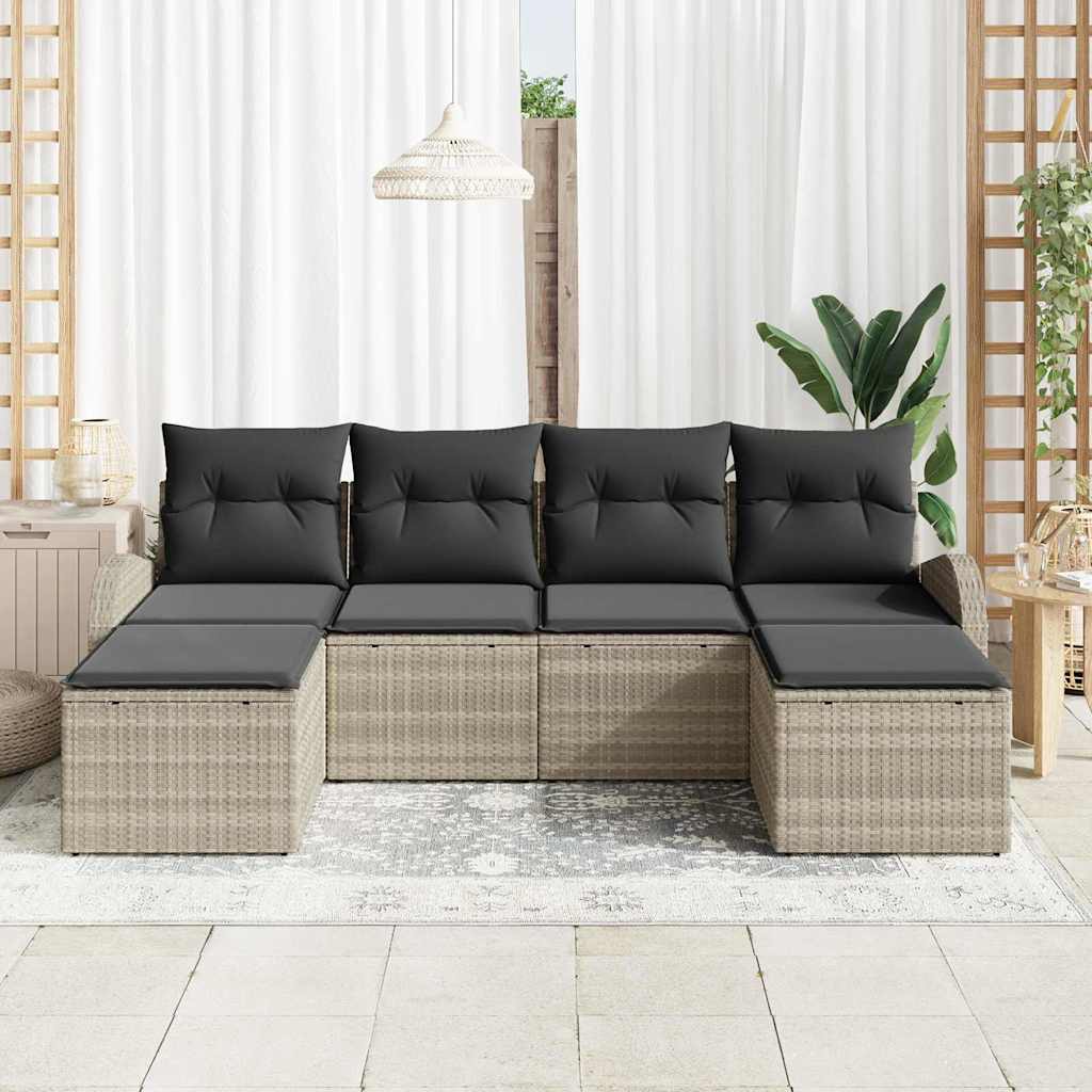 Havesofa Sæt med pude 6 pcs Lysegrå Poly Rattan