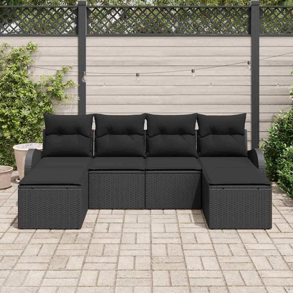 Havesofa Sæt med pude 6 pcs Sort Poly Rattan