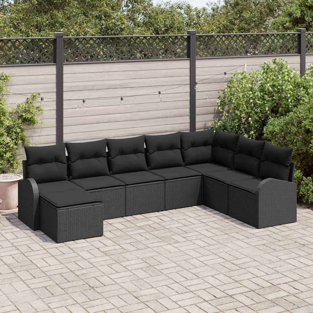 Havesofa Sæt med pude 8 pcs Sort Poly Rattan