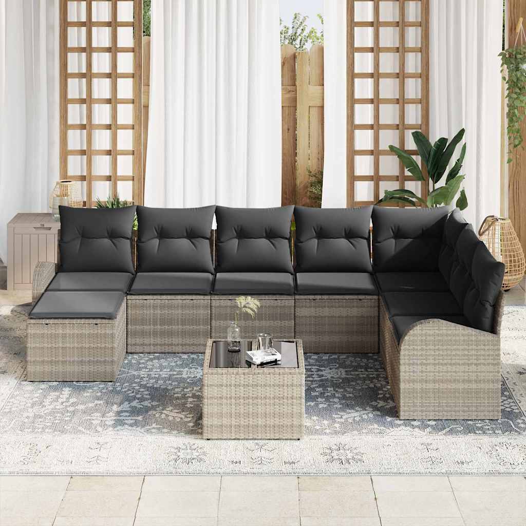 Havesofa Sæt med pude 9 pcs Lysegrå Poly rattan