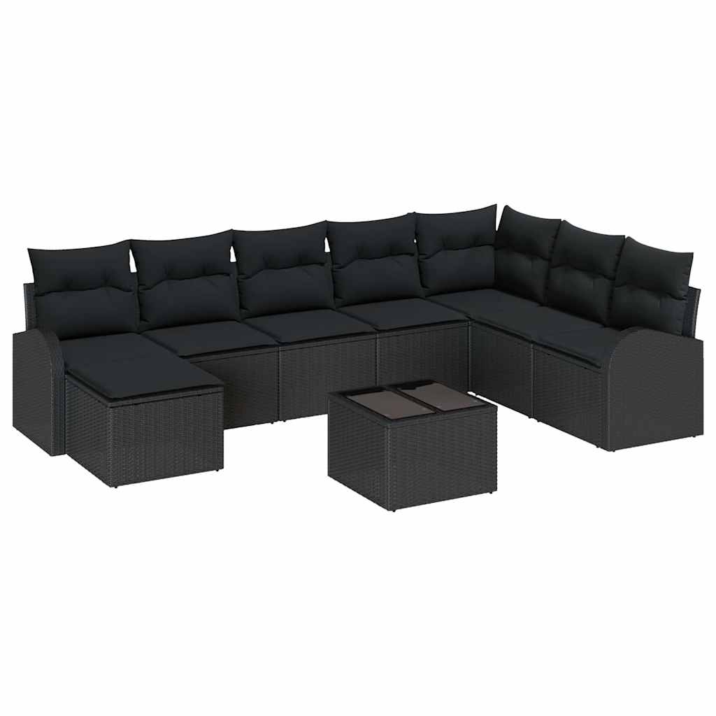 Havesofa Sæt med pude 9 pcs Sort Poly rattan