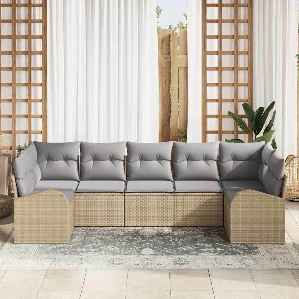 Havesofa Sæt med pude 7 pcs Beige Poly Rattan