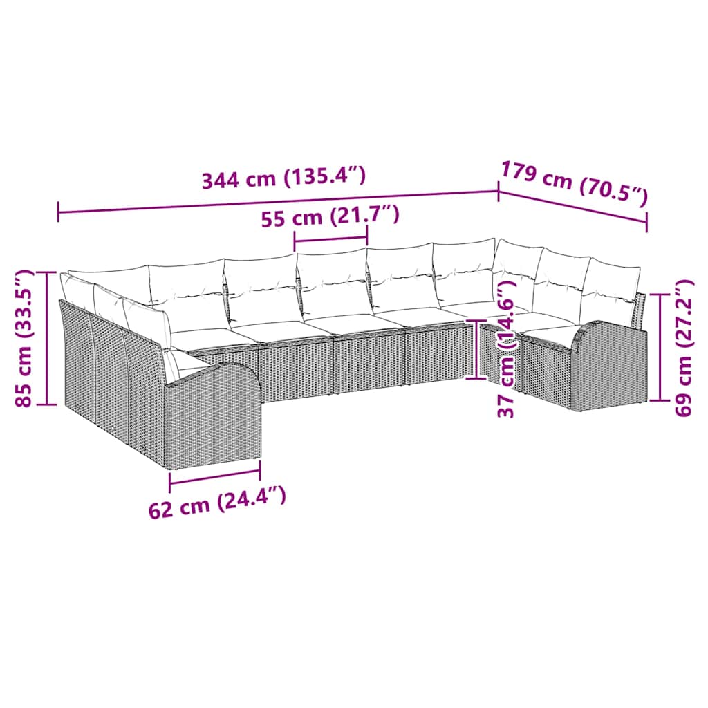 Sofa Sæt med pude 10 pcs Sort Polyrattan