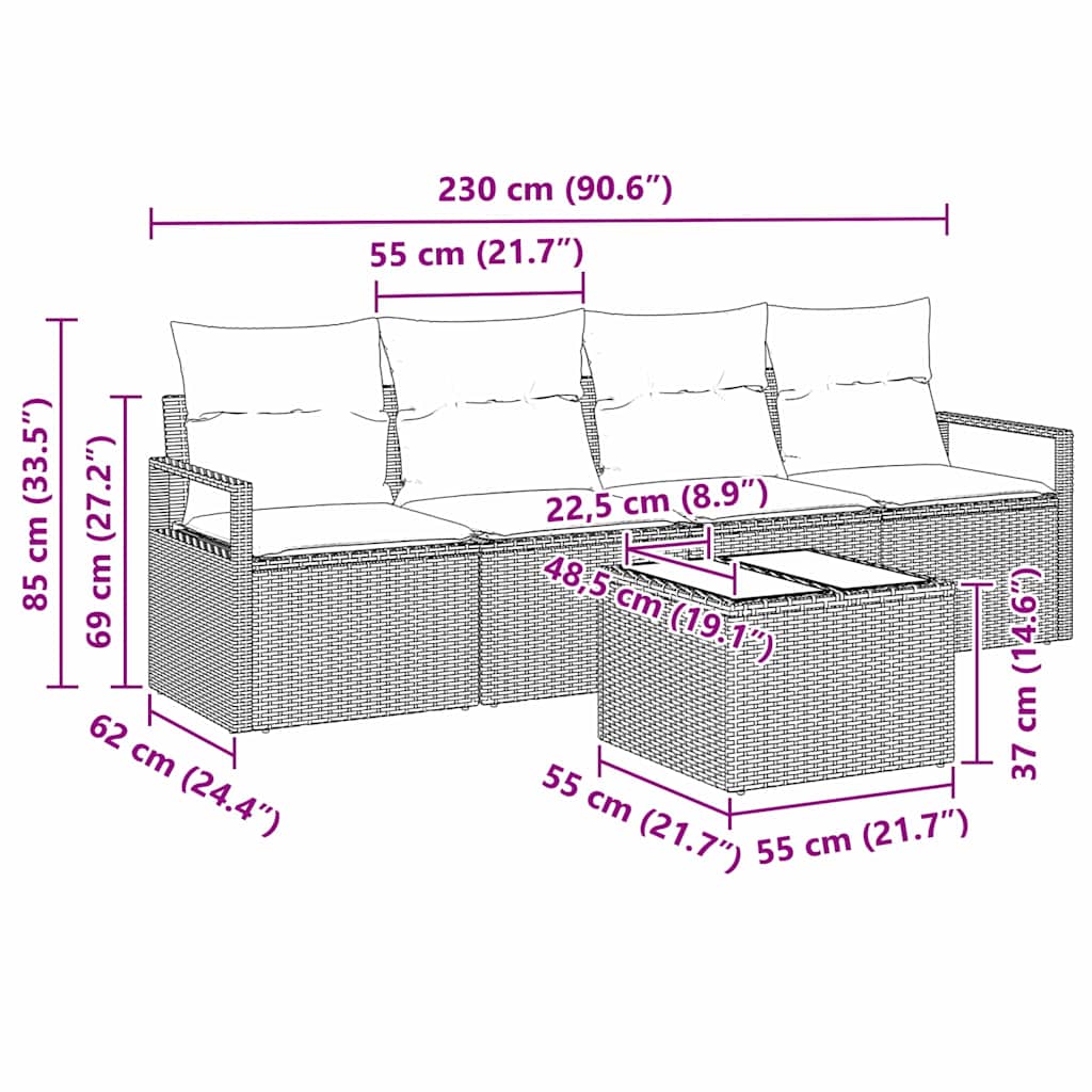 Sofa Sæt 5 pcs Sort og Cream polyrattan
