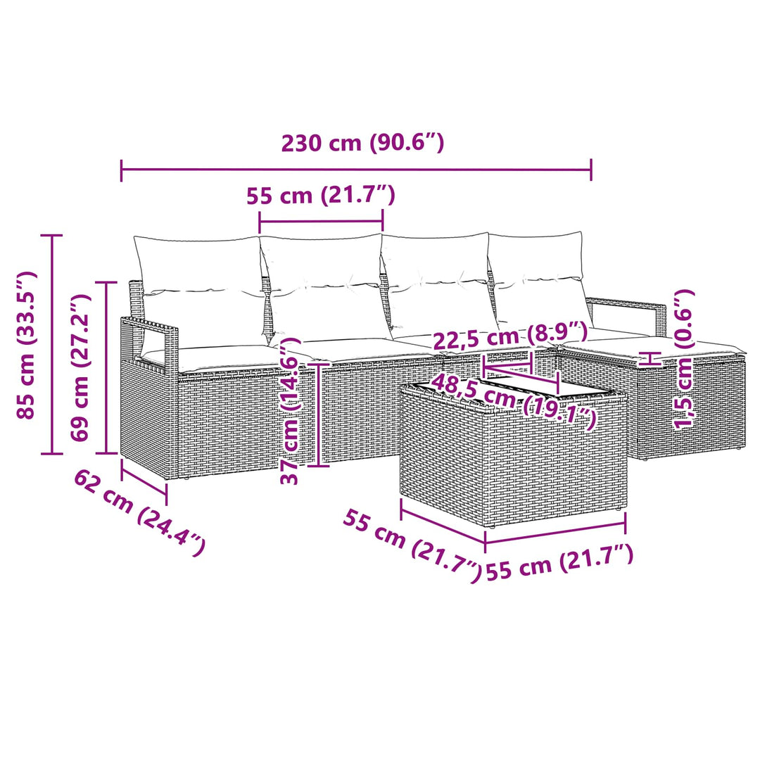 Sofa Sæt med pude 6 pcs Brun polyrattan