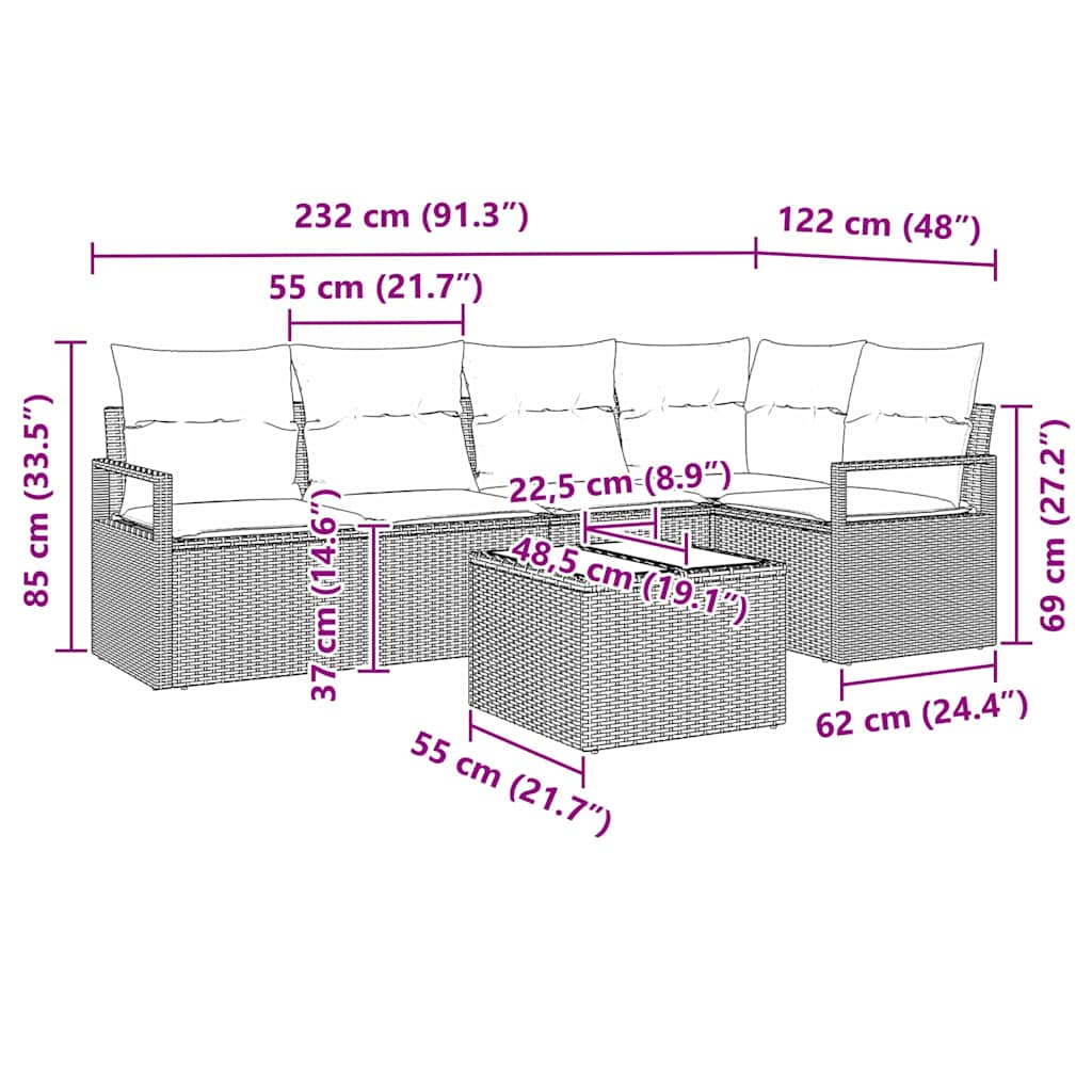 Sofa Sæt 6 stk. Sort polyrattan