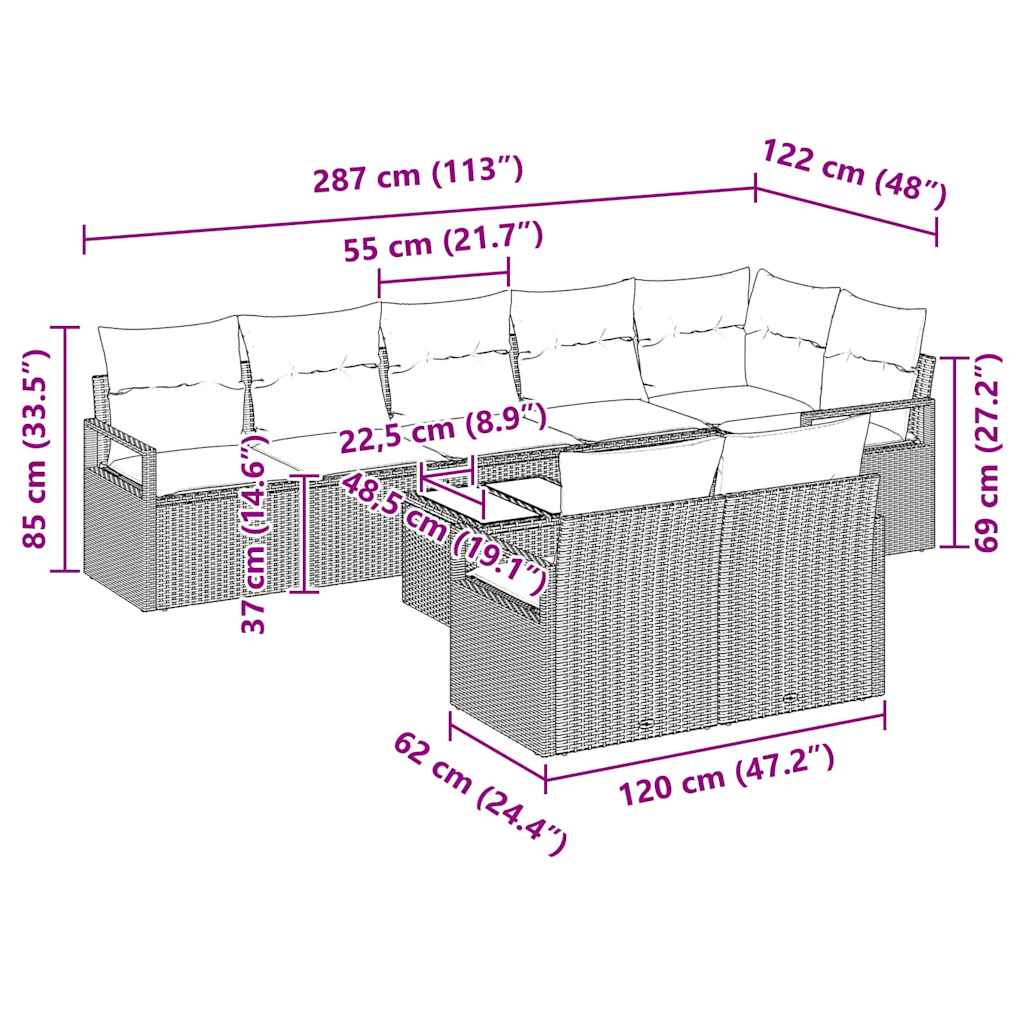 Sofa Sæt med pude 9 pcs Sort polyrattan