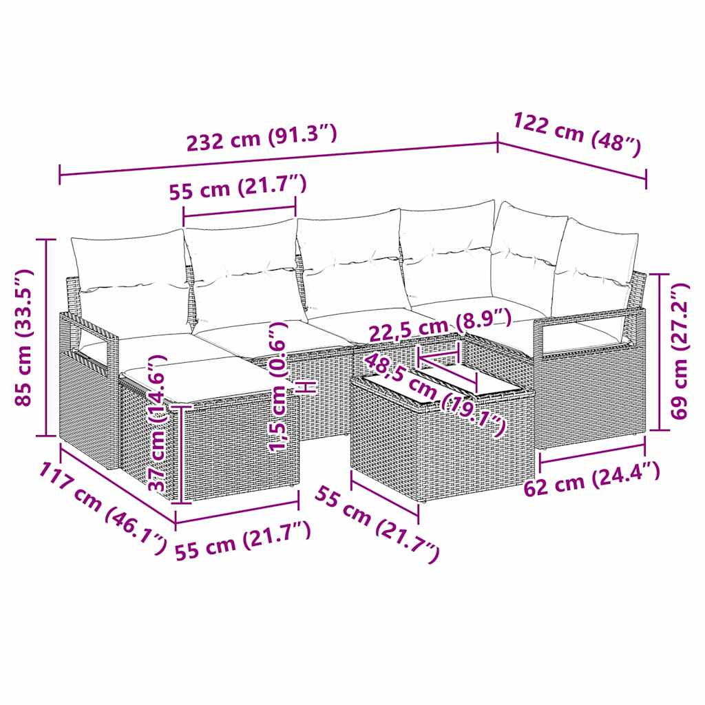 Sofa Sæt 7 stk. Sort polyrattan