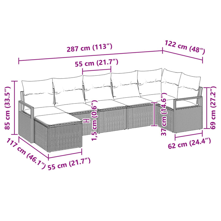 Sofa Sæt med pude 7 pcs Brun polyrattan