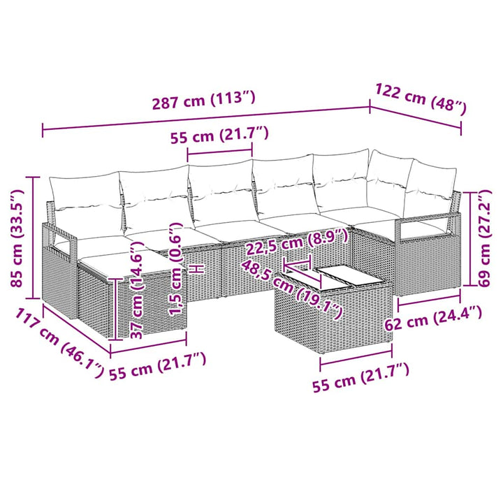 Sofa Sæt med pude 8 pcs Sort polyrattan