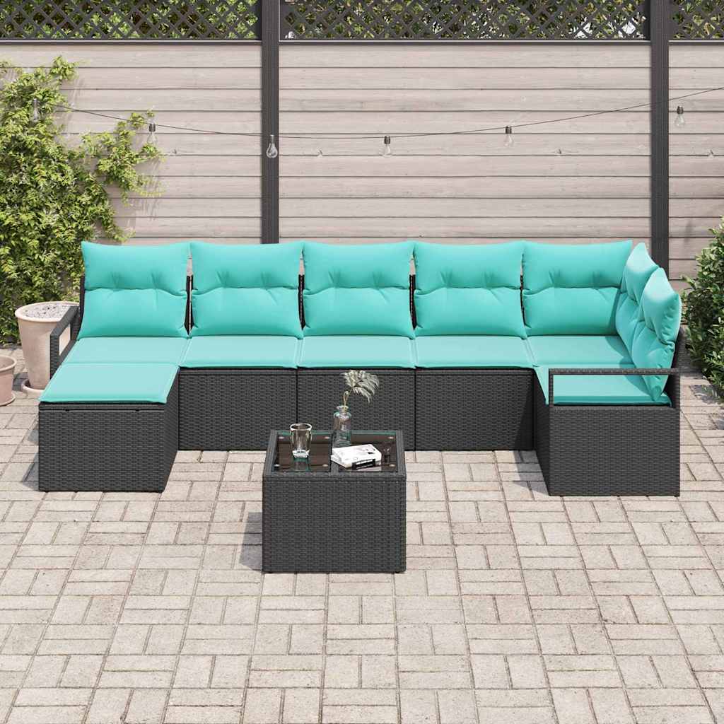 Sofa Sæt med pude 8 pcs Sort polyrattan