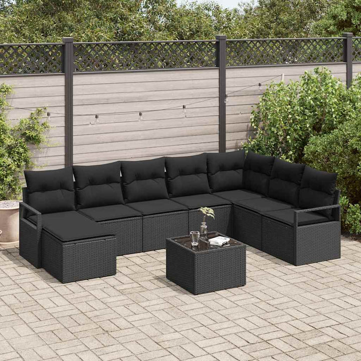 Sofa Sæt med pude 9 pcs Sort polyrattan
