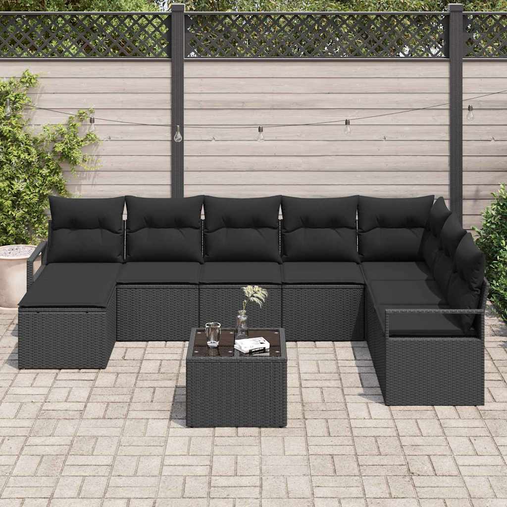 Sofa Sæt med pude 9 pcs Sort polyrattan