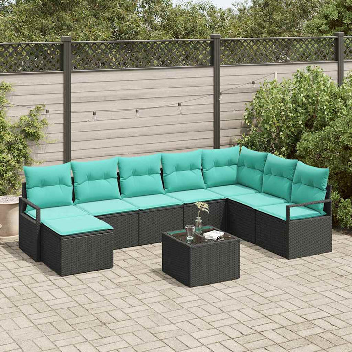 Sofa Sæt med pude 9 pcs Sort polyrattan
