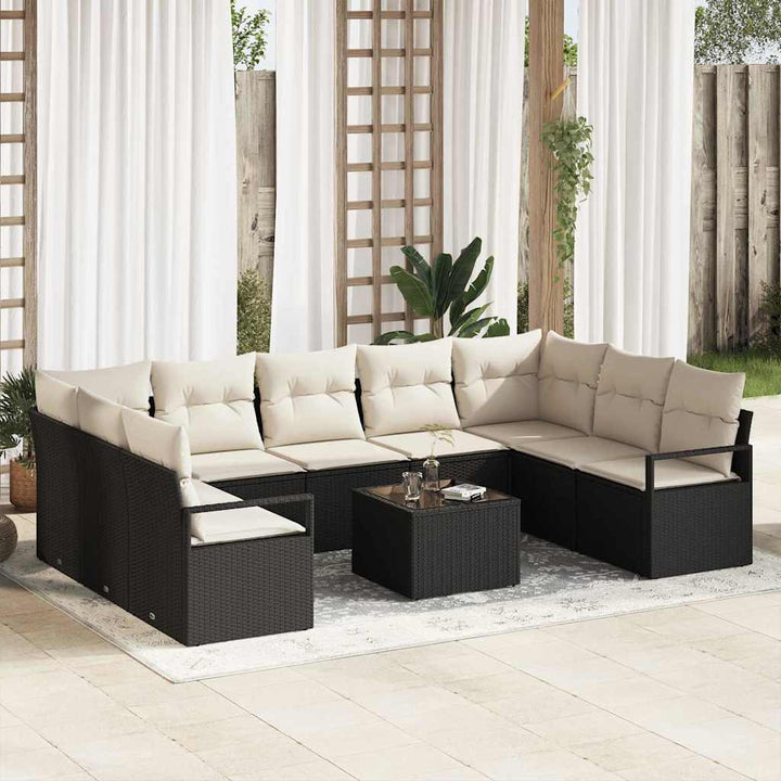Sofa Sæt med pude 10 pcs Sort polyrattan