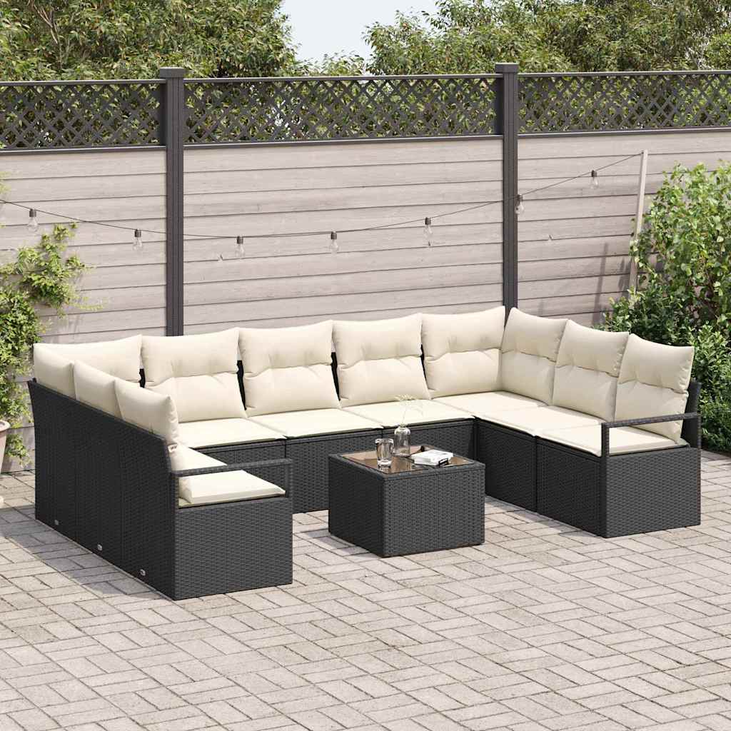Sofa Sæt med pude 10 pcs Sort polyrattan