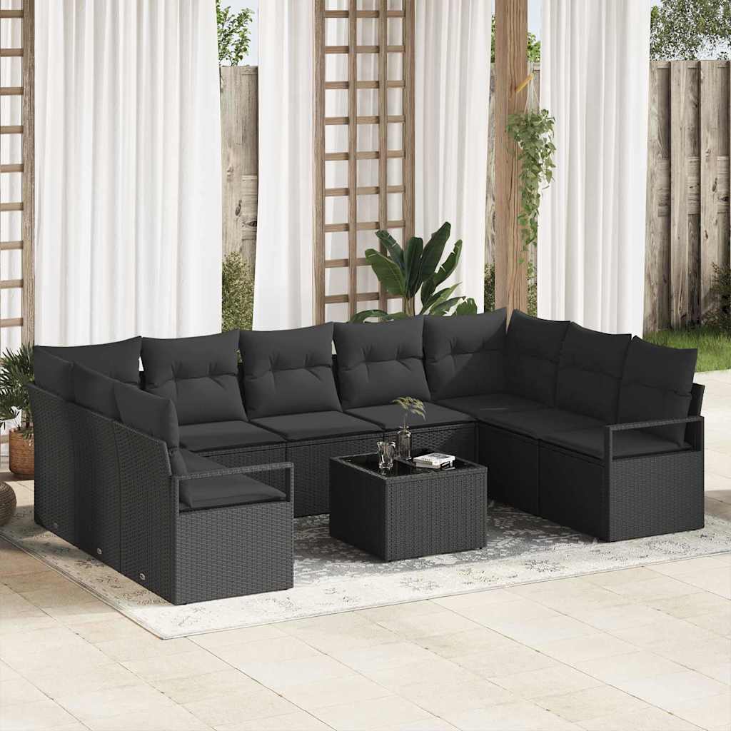 Sofa Sæt med pude 10 pcs Sort polyrattan