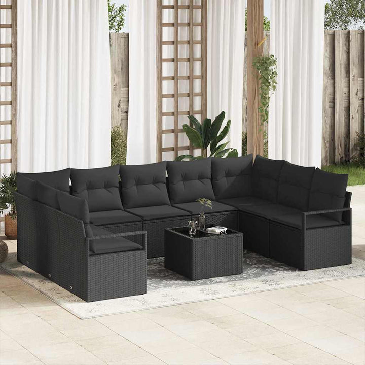 Sofa Sæt med pude 10 pcs Sort polyrattan