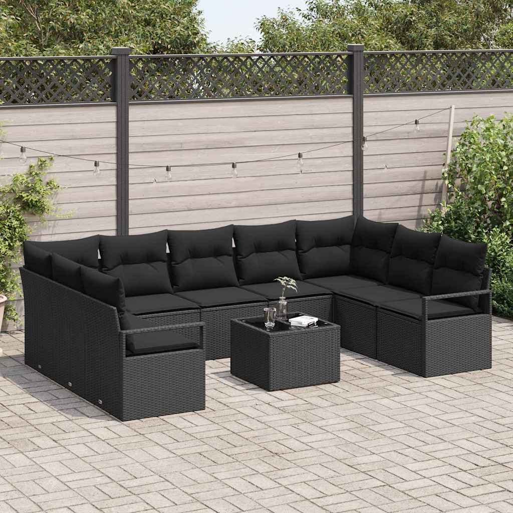 Sofa Sæt med pude 10 pcs Sort polyrattan