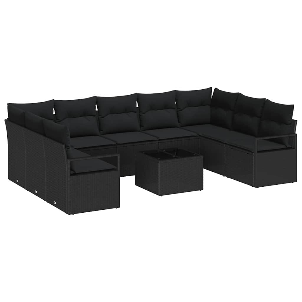 Sofa Sæt med pude 10 pcs Sort polyrattan