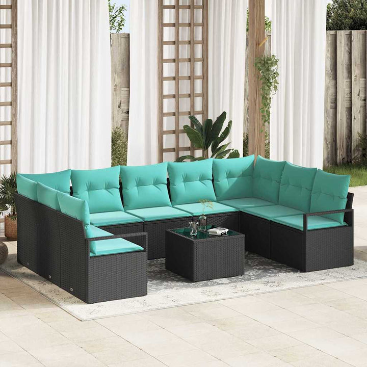 Sofa Sæt med pude 10 pcs Sort polyrattan