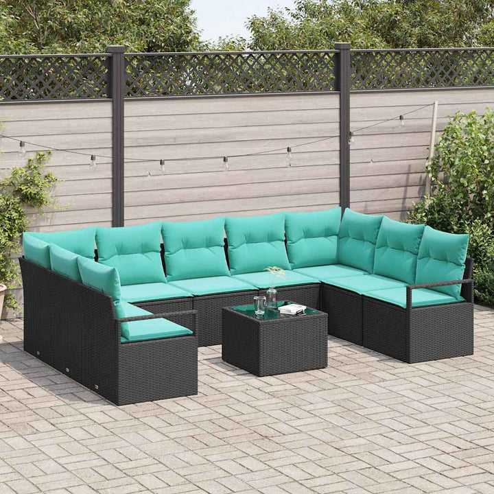Sofa Sæt med pude 10 pcs Sort polyrattan