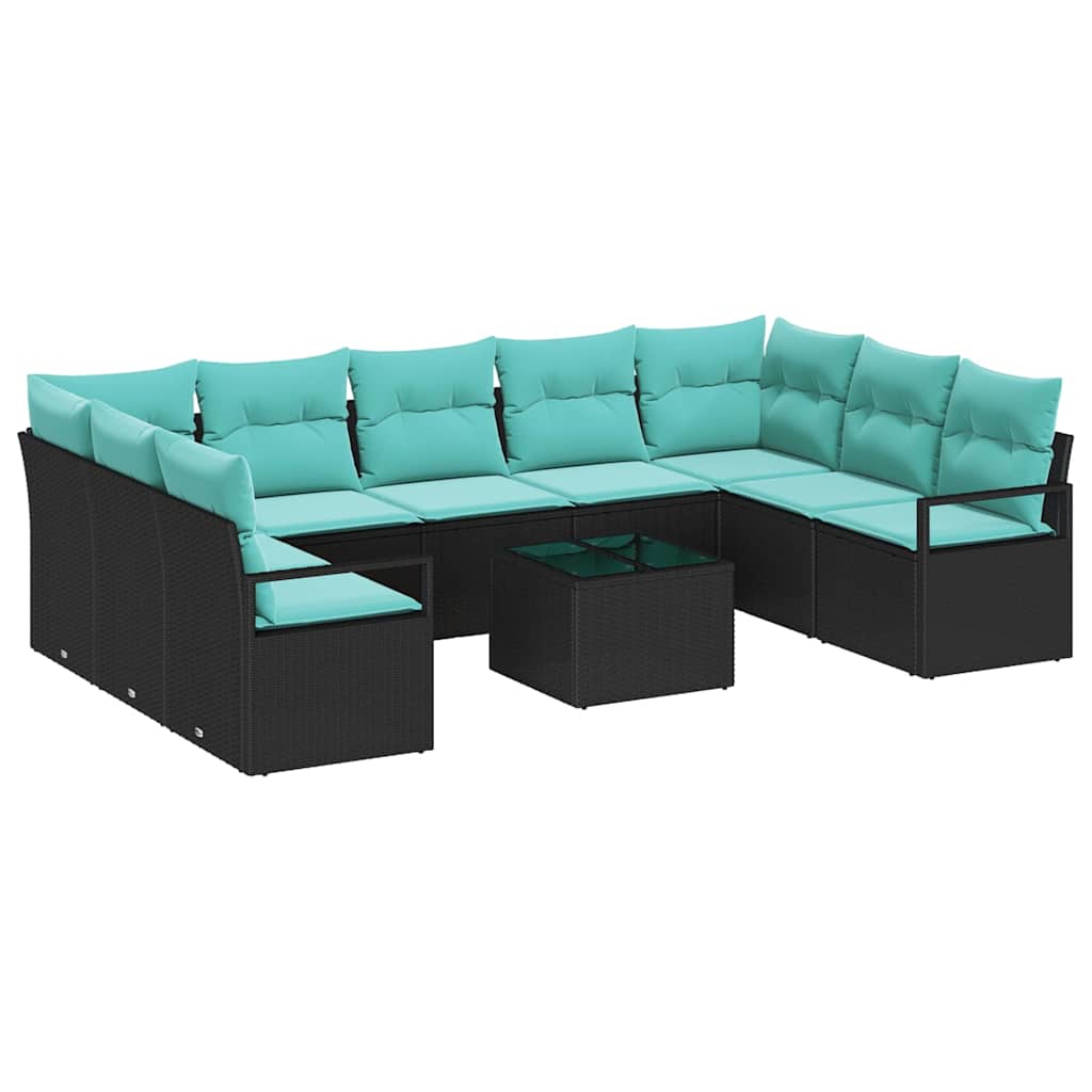 Sofa Sæt med pude 10 pcs Sort polyrattan