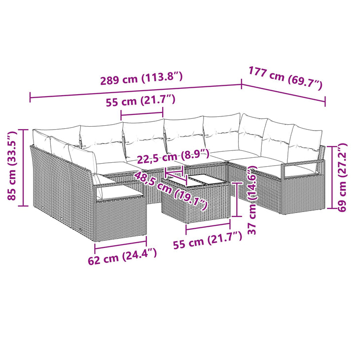 Sofa Sæt med pude 10 pcs Sort polyrattan