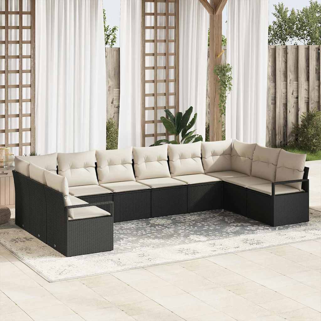 Sofa Sæt med pude 10 pcs Sort polyrattan