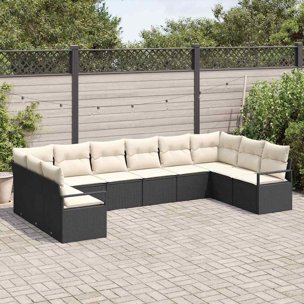 Sofa Sæt med pude 10 pcs Sort polyrattan