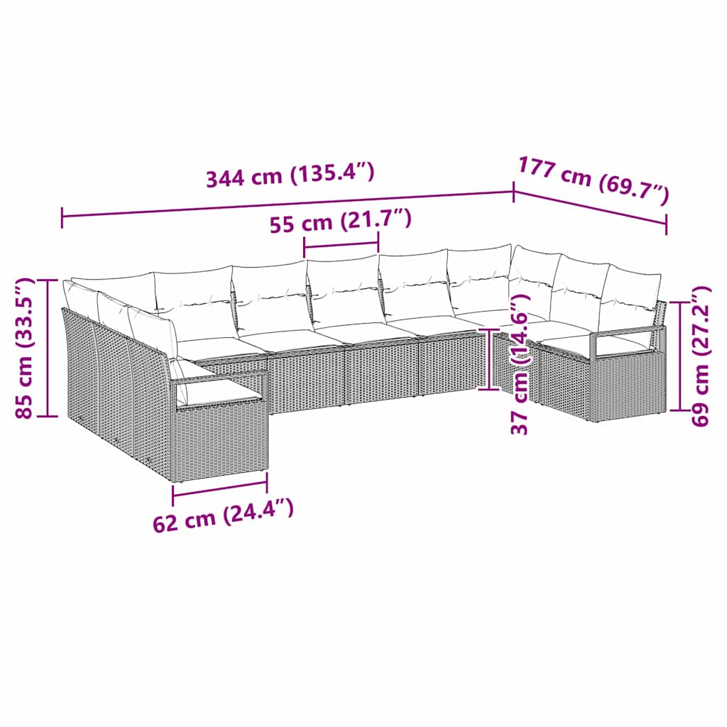 Sofa Sæt med pude 10 pcs Sort polyrattan