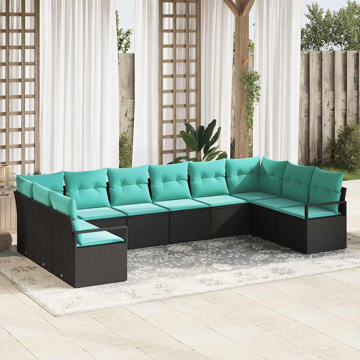 Sofa Sæt med pude 10 pcs Sort polyrattan