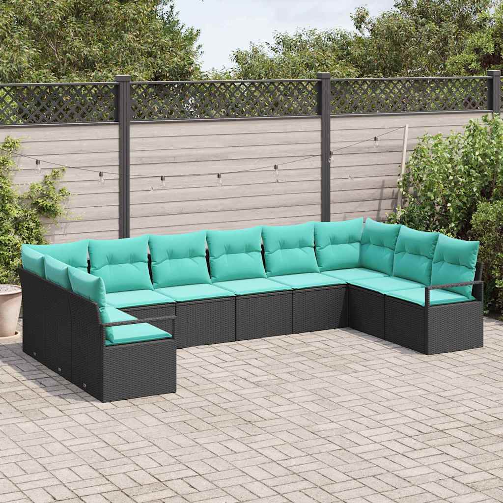 Sofa Sæt med pude 10 pcs Sort polyrattan