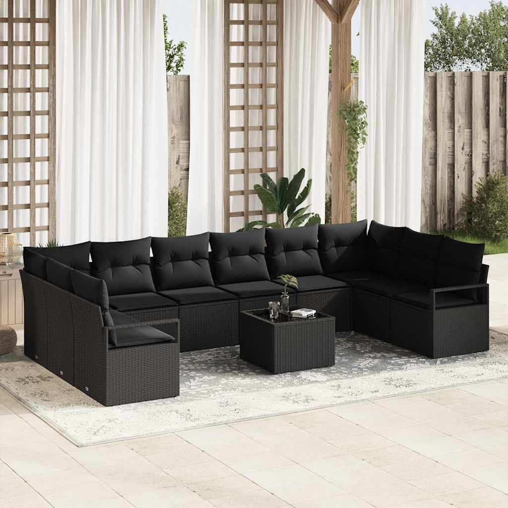 Sofa Sæt med pude 11 pcs Sort polyrattan