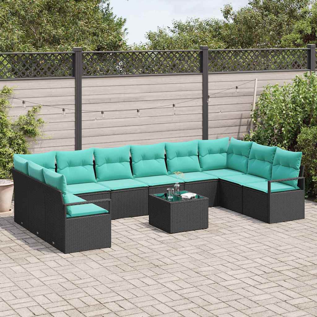 Sofa Sæt med pude 11 pcs Sort polyrattan