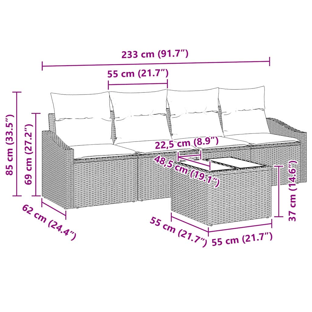 Sofa Sæt med pude med pude 5 pcs Sort og Cream polyrattan