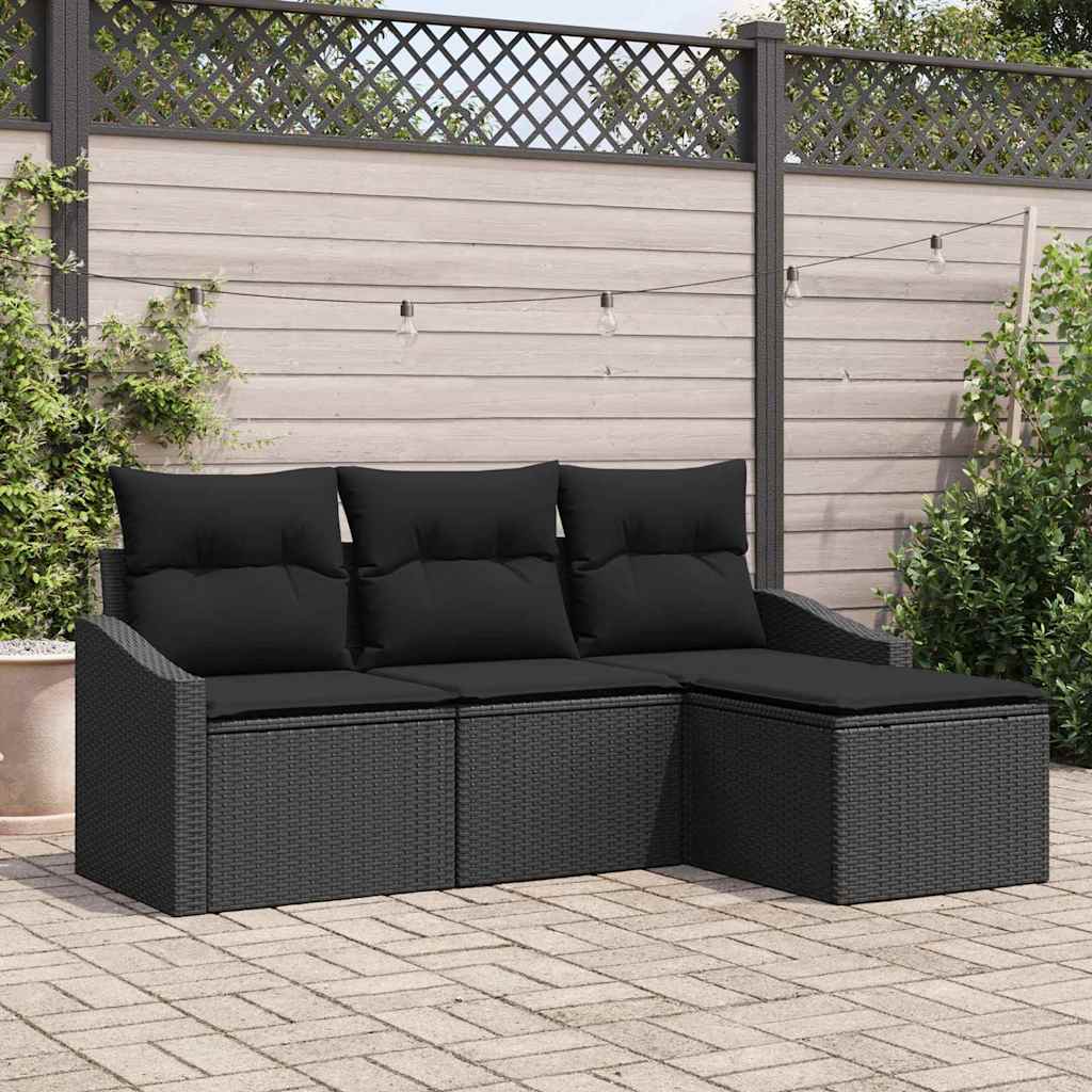 Sofa Sæt med pude 4 pcs Sort polyrattan