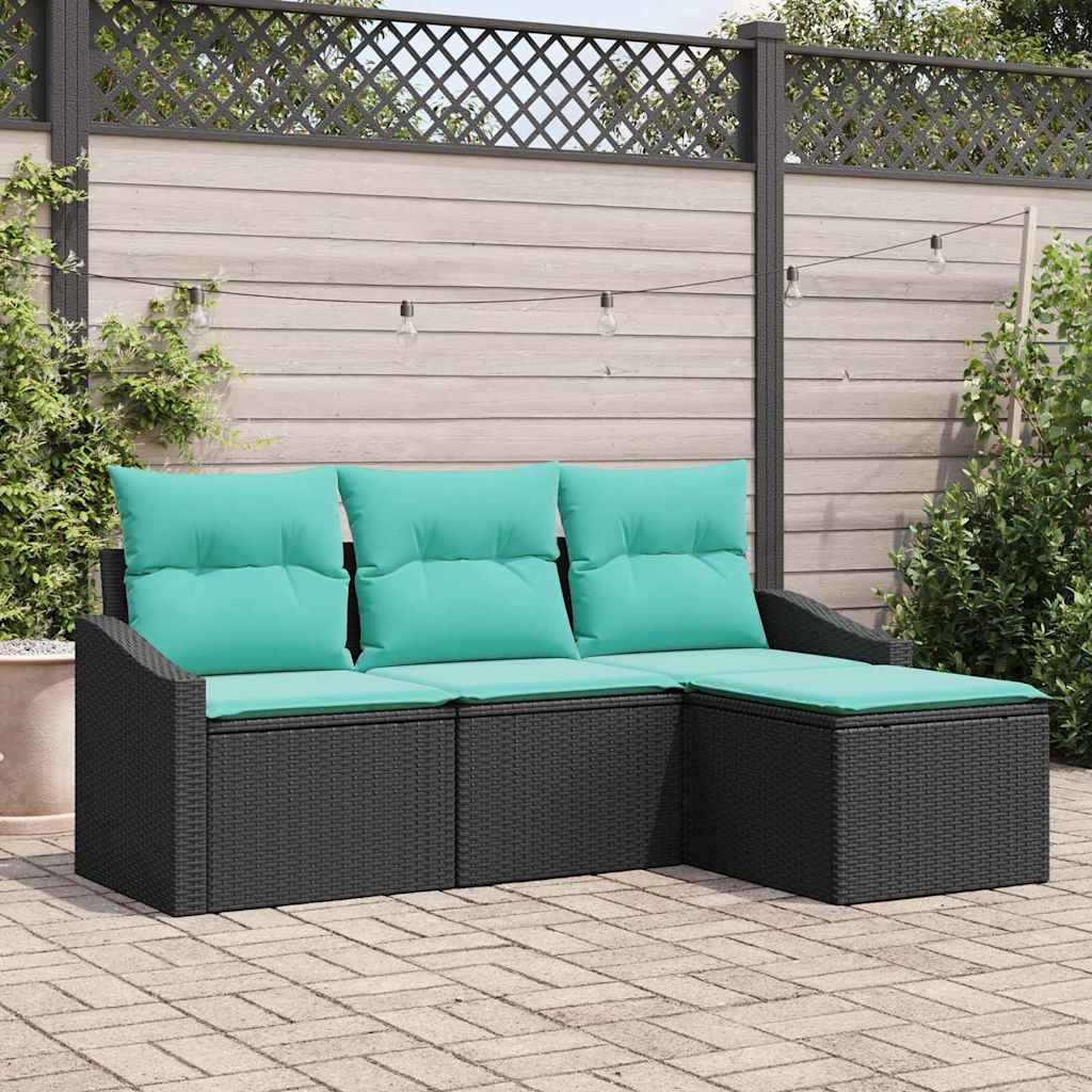 Sofa Sæt med pude 4 pcs Sort polyrattan