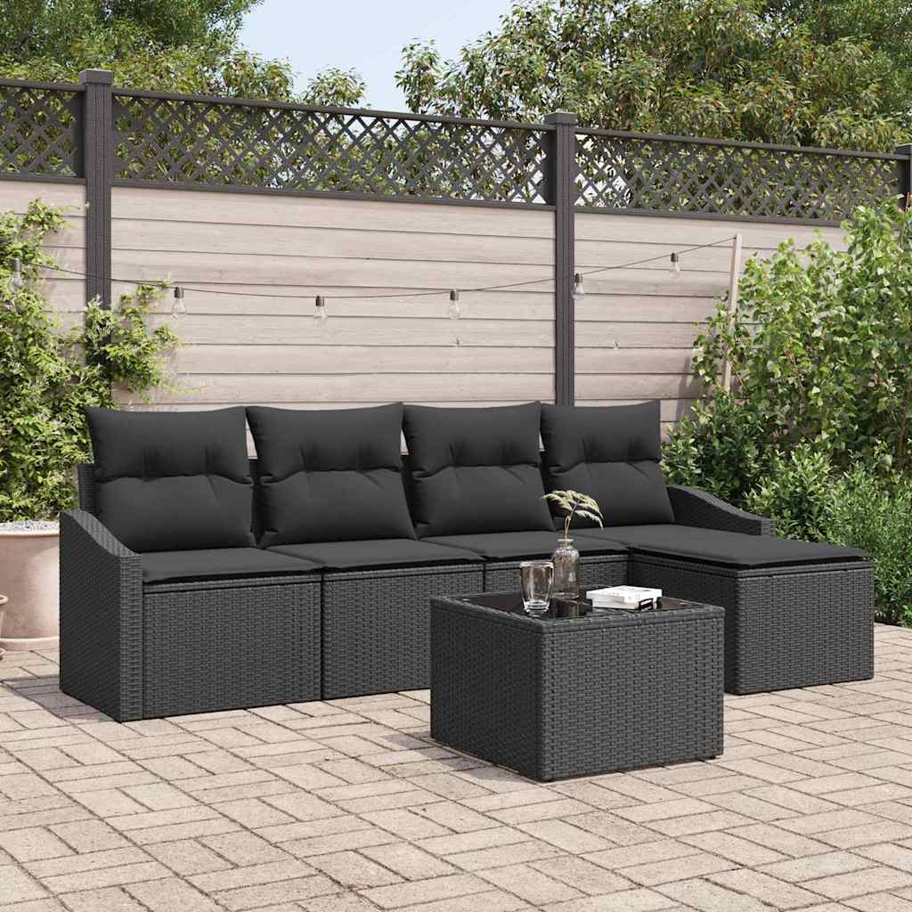 Sofa Sæt med pude 6 pcs Sort polyrattan