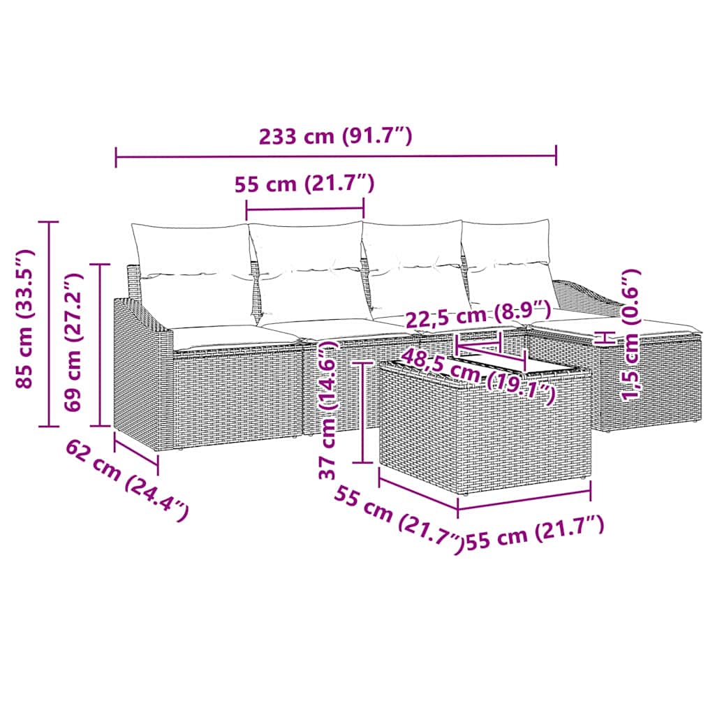 Sofa Sæt med pude 6 pcs Sort polyrattan