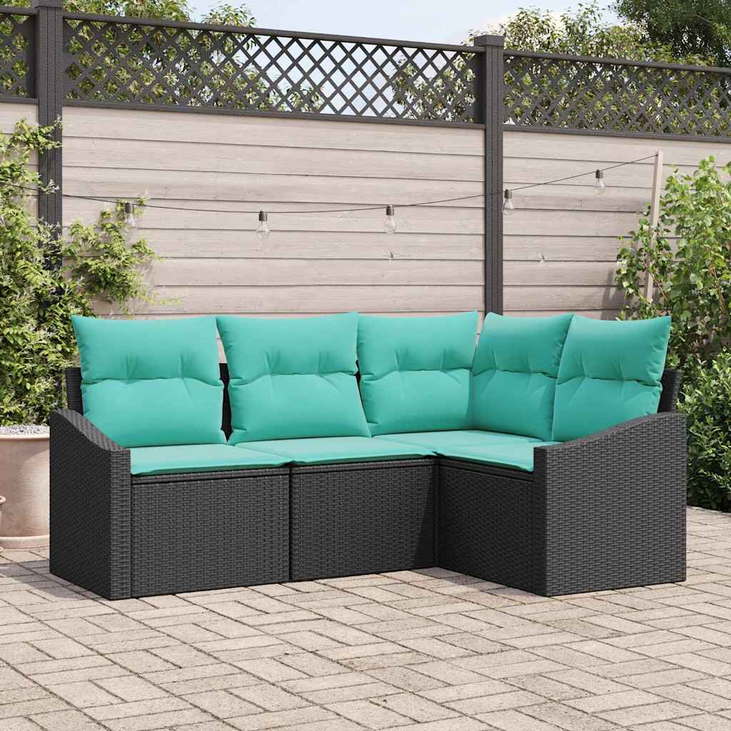 Sofa Sæt med pude 4 pcs Sort polyrattan