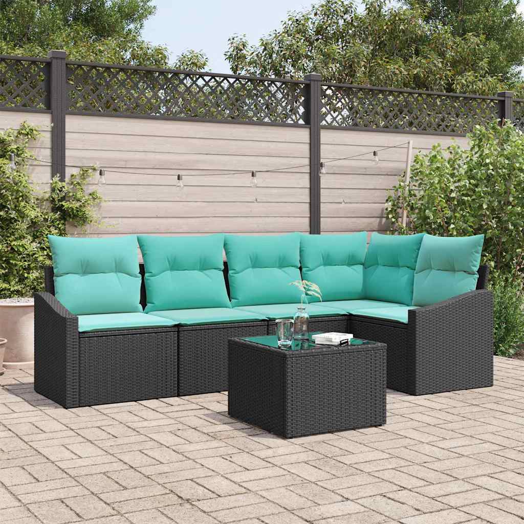 Sofa Sæt med pude 6 pcs Sort polyrattan