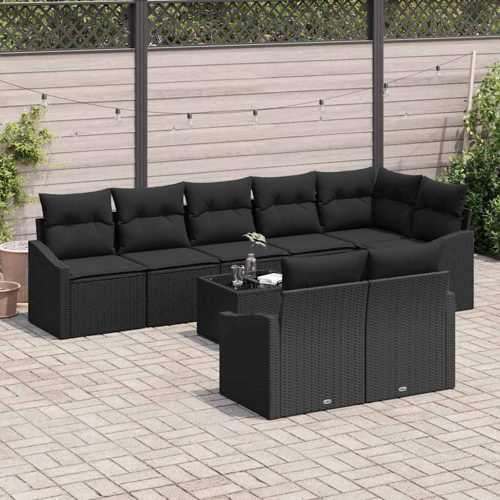 Sofa Sæt med pude 9 pcs Sort polyrattan