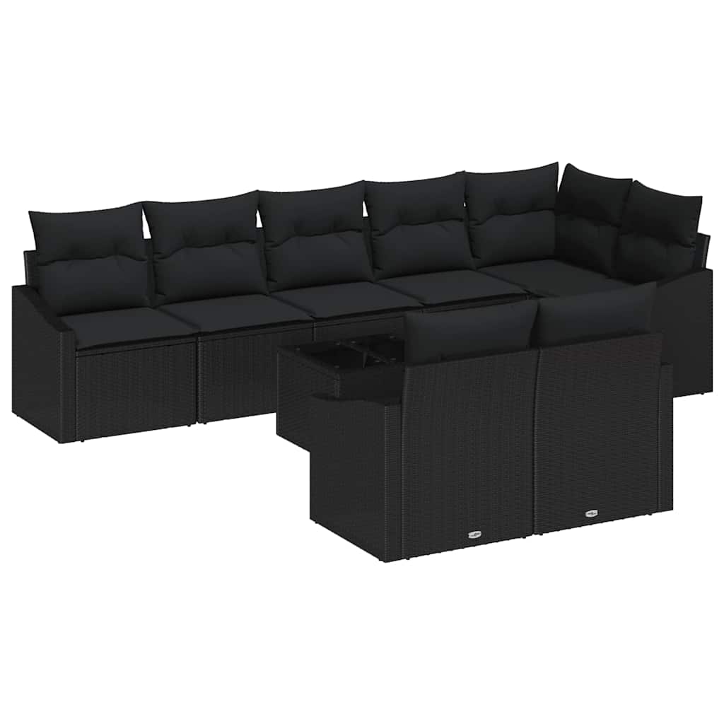 Sofa Sæt med pude 9 pcs Sort polyrattan