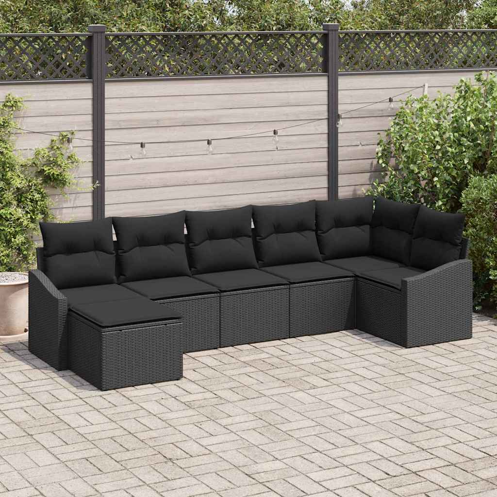 Sofa Sæt med pude 7 pcs Sort polyrattan