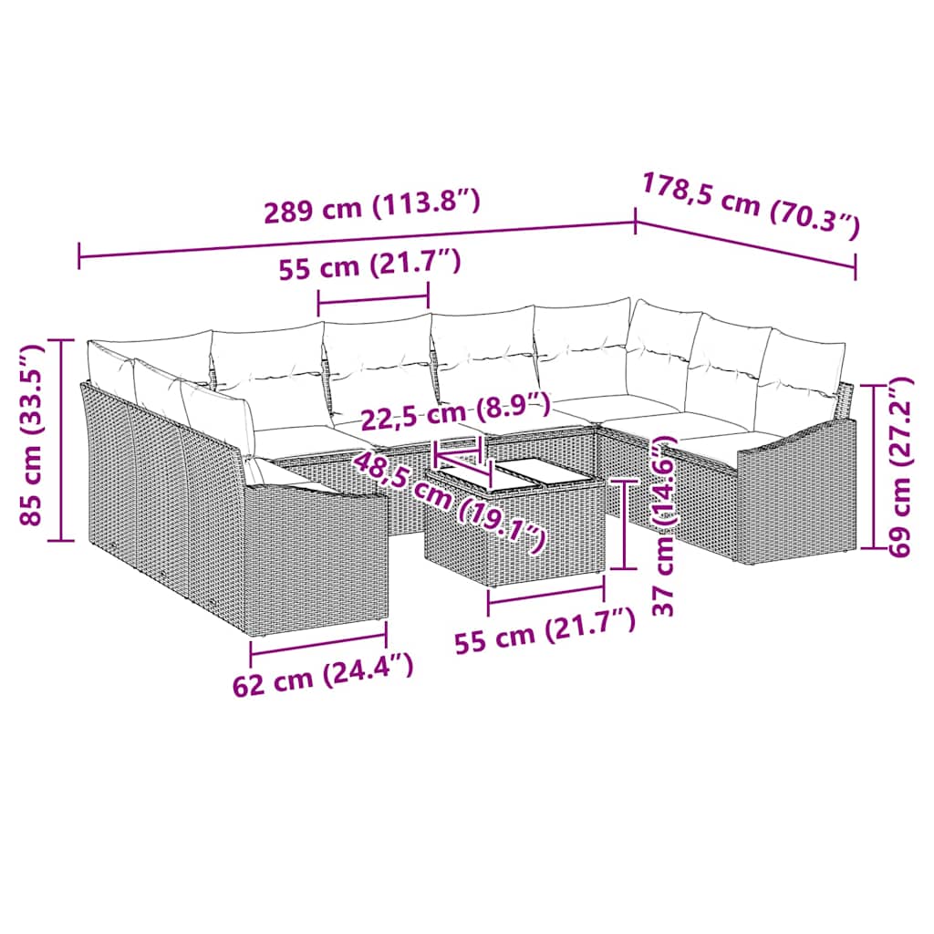 Sofa Sæt med pude 10 pcs Sort polyrattan