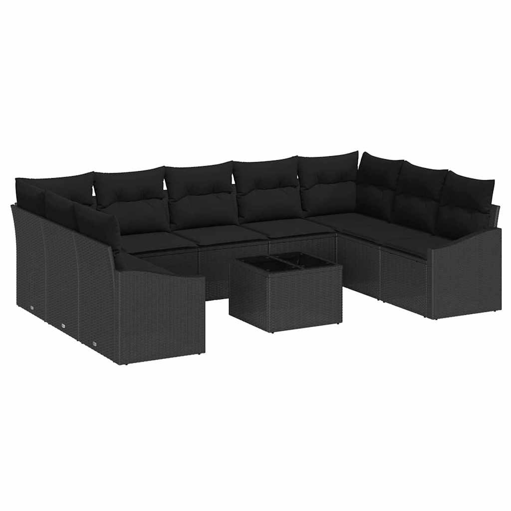 Sofa Sæt med pude 10 pcs Sort polyrattan