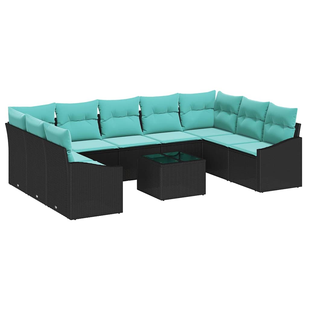 Sofa Sæt med pude 10 pcs Sort polyrattan