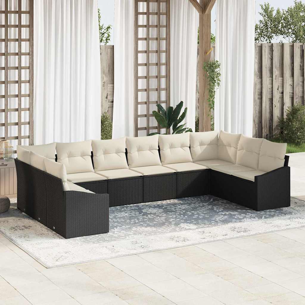 Sofa Sæt med pude 10 pcs Sort polyrattan
