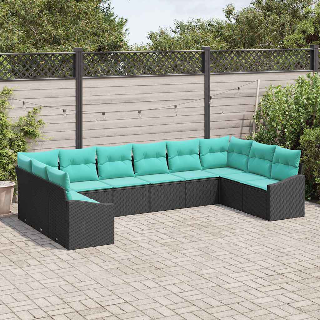 Sofa Sæt med pude 10 pcs Sort polyrattan